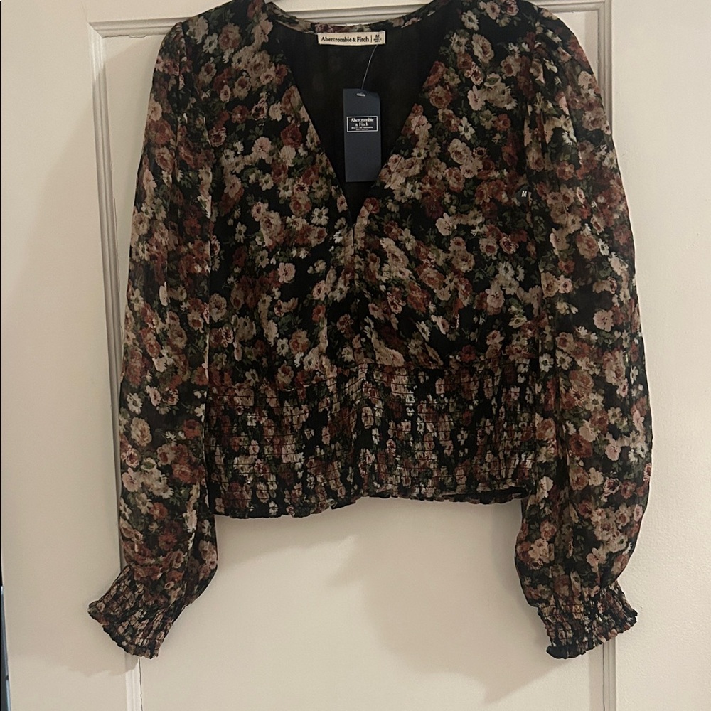 Abercrombie & Fitch Black Floral Wrap Peplum Top with Puff Sleeves